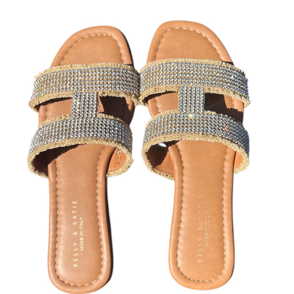 Kelly & Katie Tan & Gold Rhinestone Sandals Flats Italian